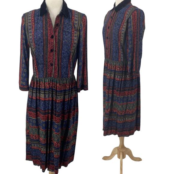 Vintage 70s Shirt Dress Midi Geometric Print Velvet Collar Fit & Flare Womens 10 - Picture 1 of 8